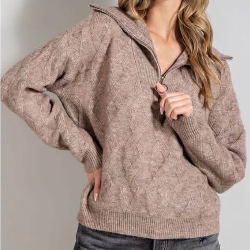 Cozy Cable Knit Quarter Zip Sweater - Brown